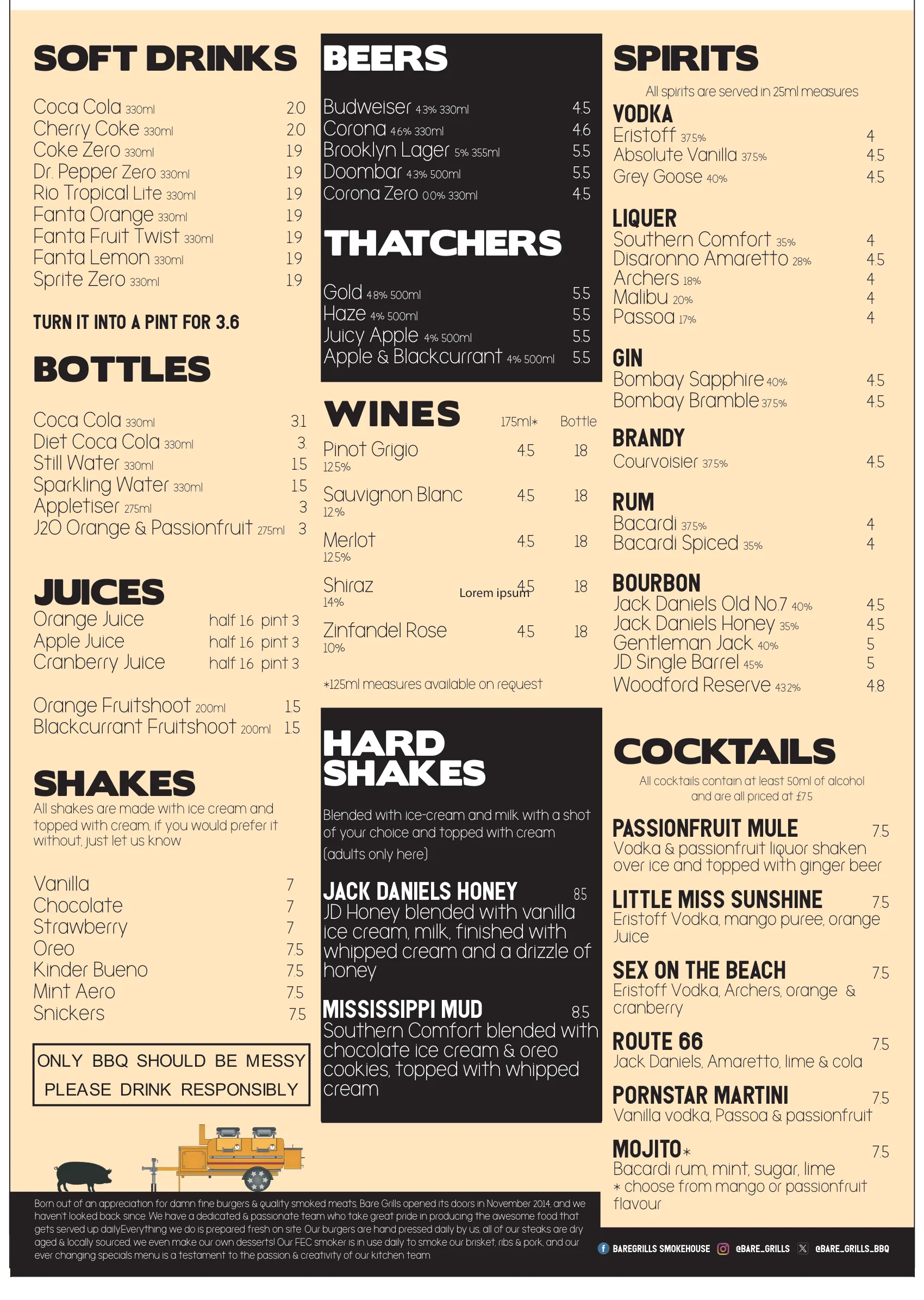 Bare Grills Smokehouse Drinks Menu
